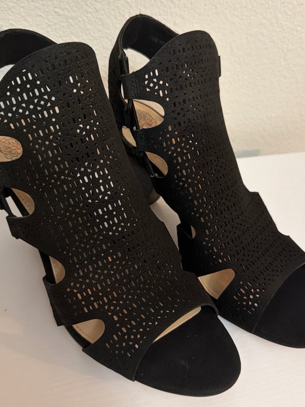 Vince Camuto Black Laser-Cut Open-Toe Heels